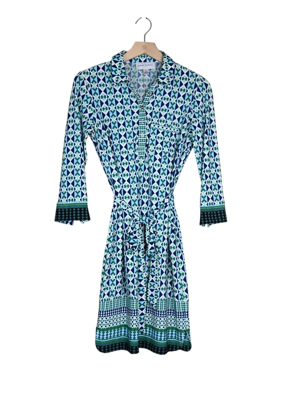 Donna Morgan Women's 4 Tie Waist 3/4 Sleeve Geometric Pattern Shirt Dress